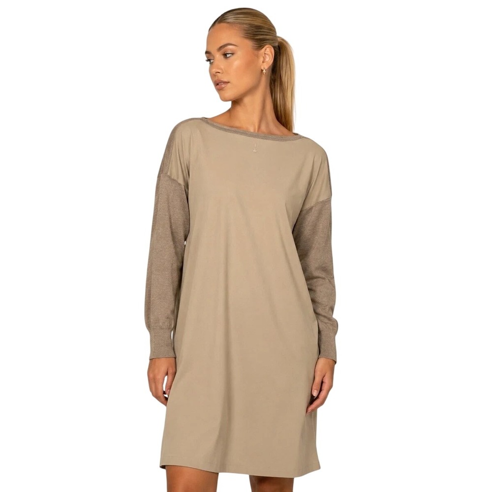 Lauren Ralph Lauren Farheen Shift Dress Smooth Twill Front/Knit Sleeve Back, Lg